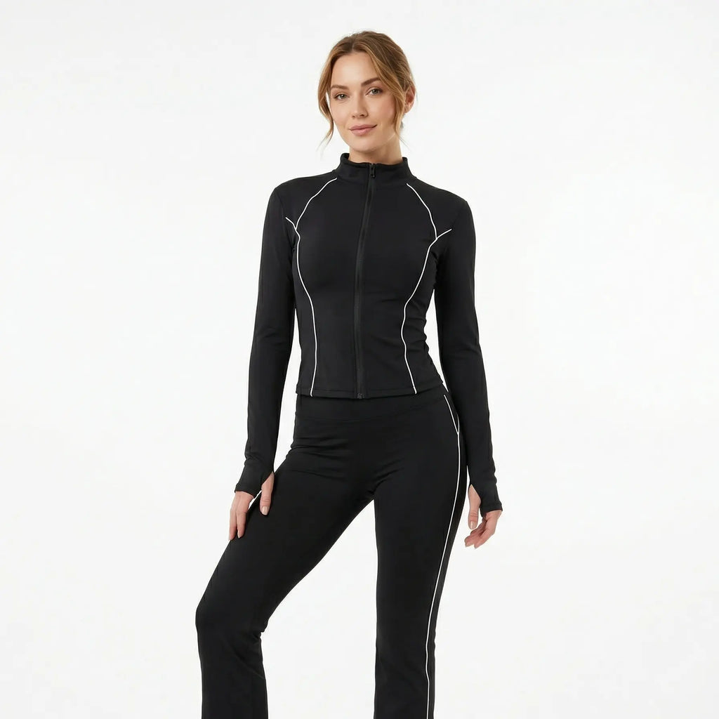 XELLE Women'S 2 Piece Yoga Set - Slim Fit Full Zip Track Jacket & High Waisted Flare Yoga Pants, Retro Contrasting Piping Sweatsuit with Thumb Holes for Gym Workout & Activewear