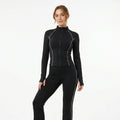 XELLE Women'S 2 Piece Yoga Set - Slim Fit Full Zip Track Jacket & High Waisted Flare Yoga Pants, Retro Contrasting Piping Sweatsuit with Thumb Holes for Gym Workout & Activewear